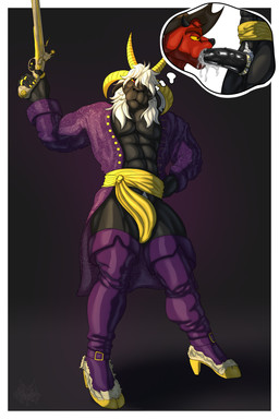 2_horns 4_horns 5_fingers abs accessory angry anthro anthro_on_anthro anthro_penetrated anthro_penetrating anthro_penetrating_anthro balls big_penis black_body black_fur black_horn bodily_fluids boots bottomless bottomless_anthro bottomless_male claws clothed clothing cock_ring colored_nails cowboy_hat crossdressing cum cum_drip cum_dripping_from_mouth cum_in_mouth cum_inside diamond_(gem) dominant dripping duo fellatio femboy fingers flintlock flintlock_pistol footwear fur gem genital_fluids genitals gold_(metal) gold_nail_polish gold_nails gold_ring gold_rings gun hair hair_over_eye handgun hat headgear headwear high_heeled_boots high_heels horn jacket jeweled_cock_ring jewelry larger_dom legwear male male/male male_penetrated male_penetrating male_penetrating_male multi_horn muscular muscular_femboy muscular_male nails oral pecs penetration penile penis penis_accessory penis_in_mouth penis_jewelry pirate pistol pubes purple_clothing purple_jacket purple_topwear ranged_weapon red_body red_eyes red_fur ring ring_(jewelry) sash sex shoes size_difference solo thick_thighs thigh_boots thigh_highs thought_bubble topwear vein veiny_penis weapon white_hair wide_hips yellow_sclera grungotharts kings_of_hell fan_character gremile_'hotshot' waay_(laziestsloth) bovid caprine goat imp mammal 2:3 absurd_res hi_res