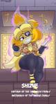 anthro aura blonde_hair breasts clothing cosplay eye_patch eyewear female fur gloves hair handwear knife text thick_thighs yellow_body yellow_fur pkfirefawx animal_crossing nintendo yakuza_(series) goro_majima isabelle_(animal_crossing) canid canine canis domestic_dog mammal shih_tzu toy_dog absurd_res crossover english_text hi_res