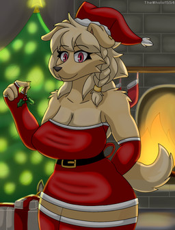 anthro christmas_clothing clothed clothing costume female gift holidays looking_at_viewer night red_eyes santa_costume solo thewholof554 christmas pepper_(cooliehigh) canid canine canis domestic_dog mammal hi_res