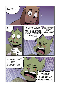 anthro blush bodily_fluids brown_body brown_fur cum cum_on_chest cute_fangs dialogue duo eyes_closed fangs four_frame_image fur genital_fluids green_body green_fur i_love_you long_ears love male male/male surprised teeth text t0l0k roy_(t0l0k) ted_(t0l0k) canid canine canis domestic_cat domestic_dog felid feline felis mammal comic english_text hi_res multiple_scenes