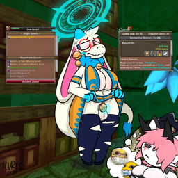 anthro areola bell black_horn blood blue_clothing blue_eyes blue_fluff blue_horn blue_tail_tip blue_tail_tuft blush blush_lines bodily_fluids bottomwear breasts buttplug chastity_cage chastity_device clothed clothing clothing_lift covered_eyes dipstick_tail duo embarrassed eyewear facial_piercing female flat_chastity_cage fur glasses gynomorph gynomorph/female hair hair_over_eyes halo horn intersex intersex/female legwear markings mature_gynomorph mature_intersex navel nose_piercing nose_ring nosebleed orange_clothing partially_clothed piercing pink_hair plug_(sex_toy) ring_piercing sex_toy skirt skirt_lift standing stockings tail tail_markings tail_tuft text thick_thighs thought_bubble torn_clothing torn_legwear torn_stockings tuft wearing_glasses white_body white_fur icvrxs atlyss angela_flux bovid caprine goat kubold_(atlyss) mammal 1:1 2024 digital_drawing_(artwork) digital_media_(artwork) english_text hi_res signature