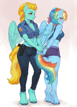 anthro arrested blonde_hair blue_body blue_fur blush clothing cuff_(restraint) duo female female/female fur gun hair handcuffs handgun holstered_pistol hooves metal_cuffs multicolored_hair multicolored_tail navel pistol pistol_holster rainbow_hair rainbow_tail ranged_weapon restraints tail weapon wing_cuffs wings wings_tied yellow_tail hirichie friendship_is_magic hasbro my_little_pony mythology lightning_dust_(mlp) rainbow_dash_(mlp) equid equine mammal mythological_creature mythological_equine pegasus hi_res