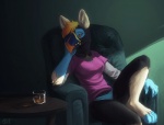 alcohol amber_eyes anthro arm_support armwear beak beverage black_body black_feathers blue_bottomwear blue_clothing blue_markings bottomwear breasts chair clothing container cup depression emotional feathers feet female food fur furniture gloves_(marking) green_background grey_armwear grey_clothing hair inner_ear_fluff leaning_on_elbow leg_markings light lonely markings nightstand non-mammal_breasts orange_eyes orange_hair panties pink_clothing pink_topwear recliner shirt simple_background socks_(marking) solo sunlight toeless_(marking) topwear tuft underwear whiskey merystic mythology avian bird gryphon mythological_avian mythological_creature longing 2013