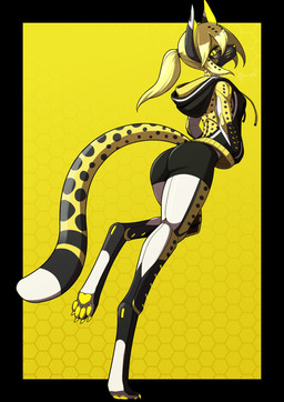 anthro blonde_hair bottomwear butt clothing female hair hexagon hoodie looking_at_viewer looking_back looking_back_at_viewer markings on_one_leg paws ponytail shorts simple_background solo spots spotted_body spotted_hair spotted_markings spotted_tail standing striped_markings striped_tail stripes tail tail_markings topwear yellow_background yellow_eyes toipokun_oyashi cheetah felid feline mammal robot_anthro absurd_res hi_res