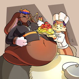 ambiguous_gender anthro belly belly_expansion belly_inflation big_belly big_butt bloated butt clothing duo expansion feederism feeding food food_fetish huge_belly inflation male male/male navel overweight overweight_anthro stuffing text weight_gain phantomdgen lagomorph leporid mammal rabbit 1:1 colored digital_drawing_(artwork) digital_media_(artwork)