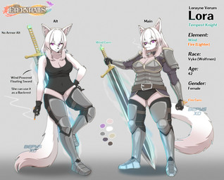 anthro armor big_breasts breasts cleavage cleavage_cutout clothed clothing curvy_figure cutout female fluffy fluffy_tail fur hair hourglass_figure looking_at_viewer magic_sword melee_weapon navel purple_eyes sabatons snout solo sword tail text vambrace weapon white_body white_fur white_hair bepysxd lora_(bepysxd) canid canine canis mammal wolf absurd_res english_text hi_res