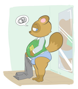 anthro argyle_(pattern) barefoot big_eyes big_head biped blue_eyes bottomwear briefs brown_body brown_fur bulge clothed clothing collared_shirt dipstick_tail dress_shirt feet fur holding_clothing holding_object inside leg_markings looking_back male markings mirror multicolored_tail overweight overweight_anthro overweight_male pants raised_tail shirt side_view socks_(marking) solo speech_bubble standing sweater sweater_vest tail tail_markings toony topwear underwear vest frumples animal_crossing nintendo tom_nook_(animal_crossing) canid canine mammal raccoon_dog tanuki 2015 digital_media_(artwork)