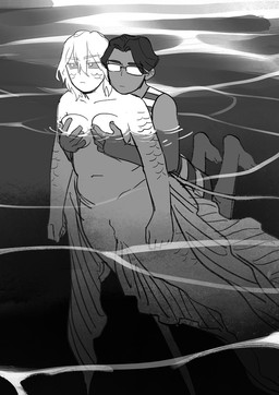 breast_grab breasts clothing duo eyebrows female fin hair hand_on_breast historical_clothing historical_european_clothing male male/female partially_submerged scales split_form tail water starfleetrambo siren_and_scientist edward_(starfleetrambo) oskar_(starfleetrambo) aquatic human mammal merfolk oarfish oarfish_merfolk siren digital_media_(artwork) hi_res monochrome sketch trans_(lore) trans_man_(lore)