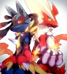 ambiguous_gender anthro blue_body blue_eyes blue_fur claws duo fire fur hair looking_at_viewer open_mouth red_eyes smile spikes standing teeth xx56su_x nintendo pokemon avian bird canid canine generation_6_pokemon mammal mega_blaziken mega_evolution mega_lucario pokemon_(species) 2015