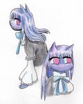 alternate_species anthro bow_ribbon clothing dress female frilly frilly_clothing frilly_dress front_view furrification hair long_hair looking_at_viewer mouthless side_view solo teochronico 07th_expansion umineko_when_they_cry when_they_cry frederica_bernkastel domestic_cat felid feline felis mammal 2023 colored_pencil_(artwork) hi_res traditional_media_(artwork)