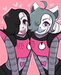 black_hair blush duo fur hair heart_symbol machine pink_background pink_tongue simple_background tongue tongue_out white_body white_fur cocothemunchkin mood undertale undertale_(series) mettaton mettaton_ex temmie_(undertale) humanoid mammal robot tem