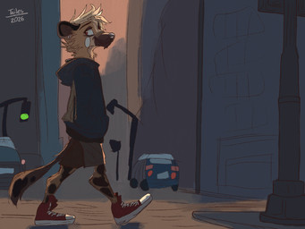 ambiguous_gender anthro band-aid bandage building car city clothing curb footwear hoodie shoes skyscraper sneakers solo street street_lamp sunset tail topwear traffic traffic_light vehicle tailesart hyena mammal 4:3 hi_res nonbinary_(lore)