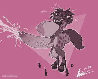 anthro areola balls big_breasts big_butt big_penis blush bodily_fluids breasts butt claws clothed clothing erection feet female fur genital_fluids genitals gynomorph hair huge_breasts huge_penis hyper hyper_genitalia hyper_penis intersex macro nipples nude orgasm penis simple_background size_difference solo tail text thick_thighs bantar2 hyena mammal spotted_hyena hi_res