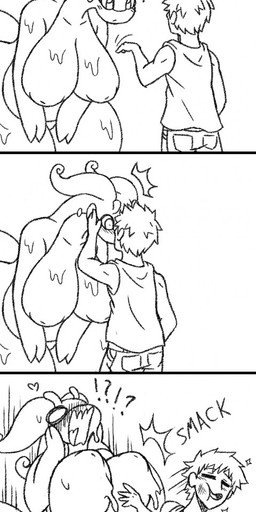 antennae_(anatomy) anthro areola belly big_belly big_breasts blush bottomwear breasts clothed clothing deep_navel duo eyes_closed female flustered hair hand_on_face heart_symbol huge_breasts interrobang interspecies inverted_nipples kissing larger_female leaning leaning_forward long_neck male navel nipples nude open_mouth pokephilia puffy_areola question_mark shirt shorts size_difference slime smack smaller_male smile standing surprised tank_top thick_thighs tongue topwear wide_hips rakkuguy mythology nintendo pokemon dragon generation_6_pokemon goodra human mammal mythological_creature mythological_scalie pokemon_(species) scalie 2018 comic hi_res monochrome