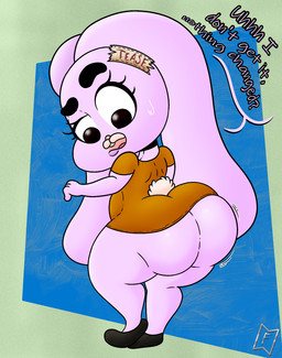 anthro big_butt bodily_fluids butt butt_jiggle clothing confusion dress eyebrows female fur jiggling label loli long_ears pink_body pink_fur short_dress solo sweat sweatdrop text thick_eyebrows thick_thighs tight_clothing wide_hips young young_anthro mysterywhiteflame cartoon_network the_amazing_world_of_gumball anais_watterson english_text