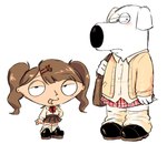 asian_clothing black_clothing black_footwear blush brown_hair clothed clothing crossdressing duo east_asian_clothing footwear fur hair japanese_clothing japanese_school_uniform male open_mouth school_uniform simple_background uniform white_background white_body white_fur roshinyukai_rin family_guy brian_griffin stewie_griffin canid canine canis domestic_dog human mammal