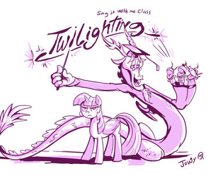 clothing dialogue duo eyewear female feral glasses graduation_cap hat headgear headwear horn male puppet square_academic_cap text wings jowybean friendship_is_magic hasbro my_little_pony mythology discord_(mlp) twilight_sparkle_(mlp) chimera draconequus equid equine mammal mythological_creature mythological_equine winged_unicorn 2019 absurd_res english_text hi_res