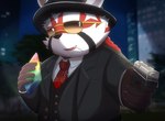 anthro biped clothing detailed_background eyewear gun humanoid_hands kemono necktie night outside ranged_weapon red_body shirt solo suit sunglasses topwear weapon white_body inugamihito lifewonders tokyo_afterschool_summoners zhurong_(tas) ailurid mammal red_panda 2022 hi_res