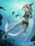 anthro blue_body blue_skin breasts brown_eyes female fin hair kemono knife midriff navel non-mammal_breasts open_mouth solo tail under_boob underwater water white_hair shizumi_tsubasa mythology aquatic_dragon dragon fish marine mythological_creature mythological_scalie scalie 3:4