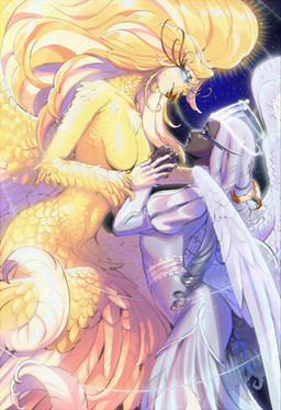 anthro beak blonde_hair breasts claws clothed clothing dark_body duo eyelashes feathered_wings feathers featureless_breasts female female/female freckles glowing hair halo long_eyelashes long_hair wings yellow_body yellow_feathers blackberreh hazbin_hotel hellaverse sera_(hazbin_hotel) speaker_of_god_(hazbin_hotel) angel angel_humanoid avian bird humanoid mammal owl seraph_(angel) digital_media_(artwork) hi_res