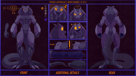 alien_genitalia anthro carapace claws erection facial_expressions front_view genitals long_tongue male muscular muscular_anthro muscular_male nude nude_anthro nude_male open_mouth penis purple_body rear_view simple_background snake_hood solo stinger stinger_tail tail text toe_claws tongue tongue_out yellow_eyes spazman alien arthrolisk reptile scalie snake absurd_res digital_media_(artwork) english_text hi_res model_sheet multiple_images