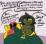 anthro belly bulge clothing dialogue duo erection erection_under_clothing green_body hair male male/male mask navel overweight overweight_male pajamas red_body text 1upgobbo jett_(1upgobbo) ren_(1upgobbo) amphibian frog 2024 english_text hi_res