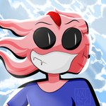 anthro black_eyes clothing cloud cloudy_sky fangs gills hair male pink_body pupils red_hair sky skyscape solo teeth white_pupils axolartz xolotl_(axolartz) amphibian axolotl marine mole_salamander salamander 1:1 absurd_res hi_res