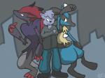 ambiguous_gender anthro black_body black_fur blue_body blue_eyes blue_fur claws clothing fur group hair hoodie jumping long_ears male one_eye_closed smile spikes topwear wink odendo nintendo pokemon canid canine generation_4_pokemon generation_5_pokemon lucario mammal pokemon_(species) zoroark 2012 4:3