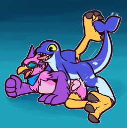 4_fingers 4_toes anal anal_penetration anthro anthro_on_feral anthro_penetrated balls beak bestiality black_eyes blue_body blue_eyewear blue_goggles blue_kerchief blue_scales bodily_fluids butt claws cum cum_from_ass cum_in_ass cum_inside cum_on_butt cum_splatter duo eyewear feathers feet feral feral_penetrating feral_penetrating_anthro fin fingers fist genital_fluids genitals goggles grey_claws grey_eyewear grey_goggles interspecies kerchief lying male male/male male_penetrated male_penetrating male_penetrating_male on_side open_mouth penetration penis pink_balls pink_body pink_feathers pink_penis purple_body purple_feathers raised_leg scales sex sharp_teeth smile t_square_position tail tail_fin talons teeth thrusting toe_claws toes tongue tongue_out yellow_beak yellow_sclera ultilix rivals_of_aether orcane wrastor aquatic avian bird cetacean dolphin mammal oceanic_dolphin orca toothed_whale 2026