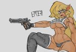 abs angry anthro athletic athletic_female big_breasts blonde_hair bra breasts clothing collar colored_nails eyewear female fur glasses gloves green_eyes grey_clothing grey_panties grey_underwear gun hair handgun handwear holding_gun holding_object holding_ranged_weapon holding_weapon legwear long_hair muscular muscular_female nails panties pecs pecs_with_breasts pistol ranged_weapon solo sports_bra sports_panties tan_body tan_fur text thick_thighs thigh_highs under_boob underwear weapon zer0ember hanna-barbera swat_kats callie_briggs domestic_cat felid feline felis mammal colored english_text hi_res