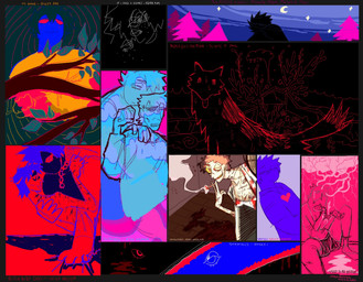ambiguous_gender blood bodily_fluids chain feral group male male_human plant smoke surrealism text tree guncht canid canine canis human mammal wolf 2024 colorful_theme english_text hi_res