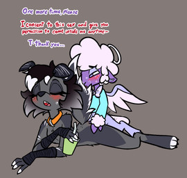 beverage black_body black_fur blush blush_lines clothed clothing collar consent explicitly_stated_consent eyelashes eyes_closed flat_chested freckled_face freckles fur halo long_eyelashes motion_lines open_mouth partially_clothed purple_body purple_eyes purple_fur red_eyes sex size_difference tail text wings soulcentinel hellaverse helluva_boss mythology collin_(helluva_boss) molly_(violetechoes) angel bovid canid canid_demon canine caprine cherub demon hellhound mammal mythological_canine mythological_creature sheep english_text
