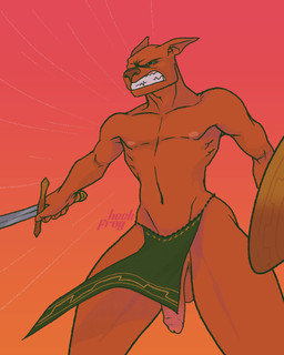anthro balls bottomwear clenched_teeth clothed clothing flaccid genitals humanoid_genitalia humanoid_penis ineffective_clothing ineffective_loincloth loincloth male melee_weapon narrowed_eyes nipples penis shield solo sword teeth topless topless_male weapon heckfrog canid canine canis domestic_dog mammal 4:5 absurd_res hi_res