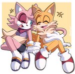 5_fingers anthro blue_eyes clothed clothing duo eyes_closed female fingers footwear fur gloves hand_holding handwear male one_eye_closed open_mouth paws pink_body pink_fur sandals shoes simple_background smile tickling wink yellow_body yellow_fur senshion sega sonic_the_hedgehog_(series) miles_prower sensh_the_cat canid canine eulipotyphlan fox hedgehog mammal 2022 absurd_res hi_res