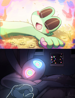 anthro bed bedroom blush blush_stickers clothing duo eyes_closed female flower furniture glowing glowing_eyes green_body hallucination hand_holding lying male multicolored_eyes on_back open_mouth open_smile overalls photo pillow plant polaroid_photo purple_body smile spiral spiral_eyes wolfaroonii glitch_productions the_amazing_digital_circus jax_(tadc) ribbit_(tadc) abstraction_(tadc) amphibian frog lagomorph leporid mammal rabbit 2025 absurd_res hi_res