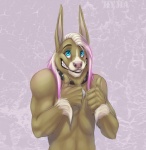 anthro biceps big_muscles blue_eyes double_thumbs_up fur gesture hair hand_gesture looking_at_viewer male mohawk muscular muscular_anthro muscular_male pink_hair smile solo thumbs_up kyma meade canid canine canis hybrid mammal wolf hi_res