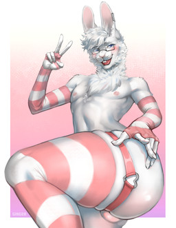 anthro arm_warmers armwear backsack balls big_butt biped blue_eyes blush blush_lines buckteeth butt chest_tuft clothing ear_piercing ear_ring eyewear femboy fingers fur garter_straps genitals gesture glasses hand_gesture hand_on_butt legwear male nipples open_mouth piercing pink_nipples ring_piercing slim small_waist smile solo squish stockings tail teeth thigh_highs thigh_squish thigh_strap tuft v_sign wearing_glasses white_body white_fur fedotovskih robin_(tylerkade) lagomorph leporid mammal rabbit absurd_res hi_res