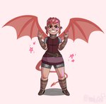 armor clothed clothing ear_piercing ear_ring fangs female hair piercing pink_hair ring_piercing simple_background smile solo tail teeth wings prush_art mythology nimona nimona_(nimona) animal_humanoid dragon dragon_humanoid humanoid mythological_creature mythological_scalie scalie absurd_res hi_res