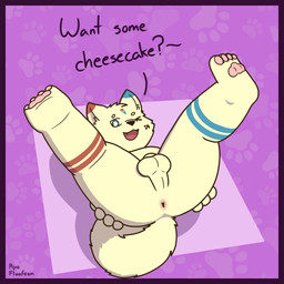 animal_genitalia anthro anus ass_up backsack balls border butt cake cheesecake dessert food footprint fur fur_markings genitals high-angle_view legs_up looking_at_viewer male markings one_eye_closed open_mouth open_smile pattern_background pawpads pawprint pawprint_background presenting presenting_hindquarters purple_background purple_border sheath simple_background smile solo tail tan_body text wink winking_at_viewer ryothefloofeon hoichi canid canine canis domestic_dog mammal nordic_sled_dog samoyed spitz 1:1 english_text hi_res
