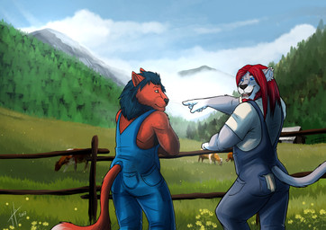 ambiguous_feral ambiguous_gender anthro beard black_nose blue_clothing blue_eyes blue_mane blue_overalls blue_sky clothed clothing cloud duo_focus ear_piercing ear_ring facial_hair fence feral fur gloves_(marking) grass grey_body grey_clothing grey_fur grey_overalls group hair male male_anthro mane markings mountain mouth_closed open_mouth open_smile outside overalls piercing plant red_beard red_body red_facial_hair red_fur red_hair ring_piercing shirt sky smile standing t-shirt topwear tree whiskers white_clothing white_shirt white_t-shirt white_topwear yellow_eyes hufnaar bovid bovine cattle felid lion mammal pantherine 2017 absurd_res dated hi_res signature