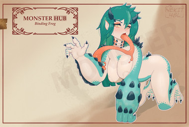 4_fingers anthro areola big_areola big_breasts breasts claws female female_feral feral finger_claws fingers glistening glistening_eyes green_body green_hair green_scales hair horn multicolored_body nude nude_anthro open_mouth presenting scales simple_background solo tail white_body white_sclera yellow_eyes nekit48l capcom monster_hunter amphibian amphibian_(mh) chatacabra frog 2026 detailed digital_drawing_(artwork) digital_media_(artwork) hi_res
