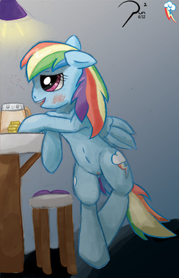 alcohol beverage blue_body blue_feathers blue_fur blush cutie_mark drunk feathered_wings feathers female food fur genitals hair inside multicolored_hair nude open_mouth rainbow_hair smile solo substance_intoxication tail vulva wings pun-pun friendship_is_magic hasbro my_little_pony mythology rainbow_dash_(mlp) equid equine mammal mythological_creature mythological_equine pegasus 2012 hi_res