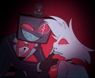 choker clothed clothing duo electronics eye_contact for_a_head hat headgear headwear hypnosis hypnotic_eyes jewelry looking_at_another male mind_control necklace red_background screen screen_face simple_background suit television top_hat enaic31 hazbin_hotel hellaverse angel_dust vox_(hazbin_hotel) arachnid arthropod demon demon_humanoid humanoid object_head screen_head spider tv_head hi_res