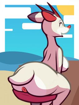anthro anus big_butt breasts butt cloud eyes_closed female fur furniture genitals happy horn huge_butt open_mouth open_smile seductive sitting smile solo stool sun tail vulva white_body white_fur ikakins animal_crossing nintendo shino_(animal_crossing) cervine deer mammal sika_deer 2024 hi_res