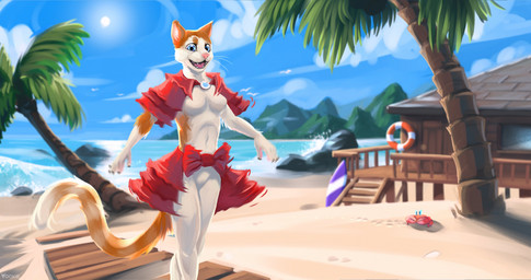 ambiguous_gender beach blue_eyes breasts building cloud fangs female fur glistening glistening_eyes group looking_at_viewer markings navel open_mouth open_smile orange_body orange_ears orange_fur orange_tail palm_tree pink_nose pink_tongue plant rock sand sea seaside smile solo_focus standing striped_body striped_fur striped_markings striped_tail stripes sun surfboard tail tail_markings teeth tongue tree water whiskers white_body white_breasts white_fur white_inner_ear white_tail yookie ambient_arthropod ambient_crab ambient_crustacean ambient_sealife avian bird domestic_cat felid feline felis mammal 256:135 4k absurd_res hi_res signature