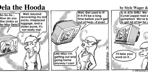 angry anthro dialogue dipstick_ears duo ear_markings ears_back female fur hair looking_back male multicolored_ears pivoted_ears text style_wager dela_the_hooda dela_aldershaw canid canine fox hooda human mammal 1998 comic english_text monochrome