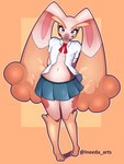 :3 anthro bottomwear clothed clothing fluffy_ears hands_behind_back male miniskirt open_clothing open_shirt open_topwear school_uniform shirt simple_background skirt smile solo standing topwear uniform conditional_dnp ineedanaccount nintendo pokemon zjura generation_4_pokemon lagomorph leporid lopunny mammal pokemon_(species) hi_res