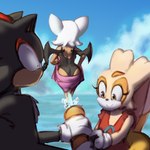 anthro butt clothing female group male one-piece_swimsuit swimwear toy toy_gun trio water_gun wings kujalla sega sonic_the_hedgehog_(series) cream_the_rabbit rouge_the_bat shadow_the_hedgehog bat eulipotyphlan hedgehog lagomorph leporid mammal rabbit 1:1 hi_res