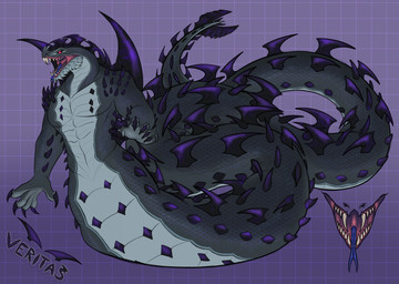 anthro apode arm_spikes claws coiled_tail fangs forked_tongue geometric_background grey_body grey_scales grid_background head_spikes horn legless long_tail male muscular muscular_anthro nude nude_anthro nude_male pattern_background pupils purple_tongue red_eyes scales serpentine sharp_teeth shoulder_spikes simple_background slit_pupils solo spiked_tail spikes spikes_(anatomy) standing tail teeth tongue tongue_out snakemutt capcom monster_hunter veritas dalamadur draconcopode elder_dragon naga reptile scalie snake 2025 full-length_portrait hi_res model_sheet portrait