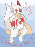 ambiguous_gender cape clothing fur markings red_markings solo text white_body white_fur foxy_harris nintendo pokemon pokemon-specific_day zangoose_day generation_3_pokemon mammal pokemon_(species) zangoose 2018 3:4 dated english_text hi_res